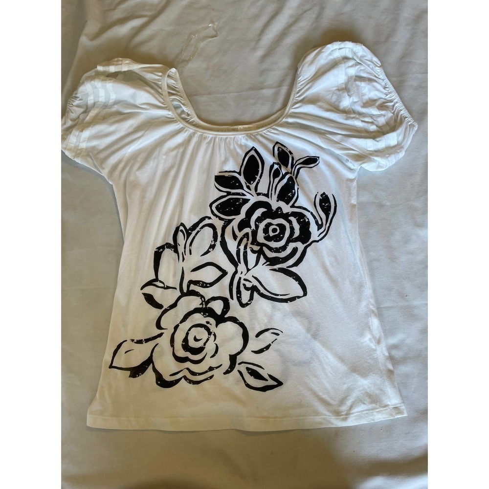 Karen by Karen Kane Womens Top Blouse Size XL White Black Puff Sleeves Cotton - Picture 6 of 10